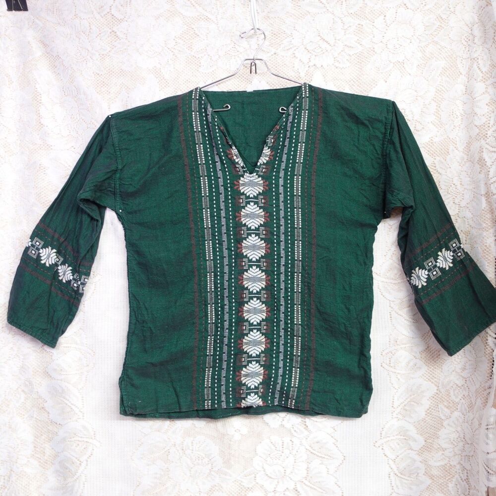 Aztec Tribal Embroidered Tunic Shirt Hippie Folk Boho Mexican Artisan Mens M/L